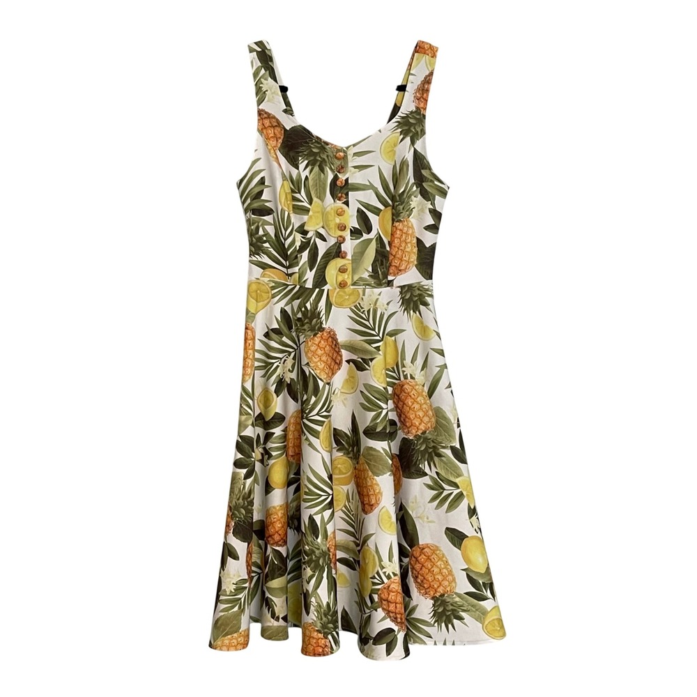 Tropical Pineapple Lemon Fruit Print Fit Flare Dress Sleeveless Rockabilly White